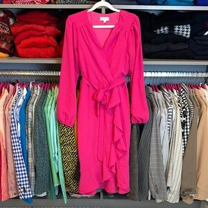 Luxology pink long sleeve belted v neck ruffled midi dress size S
